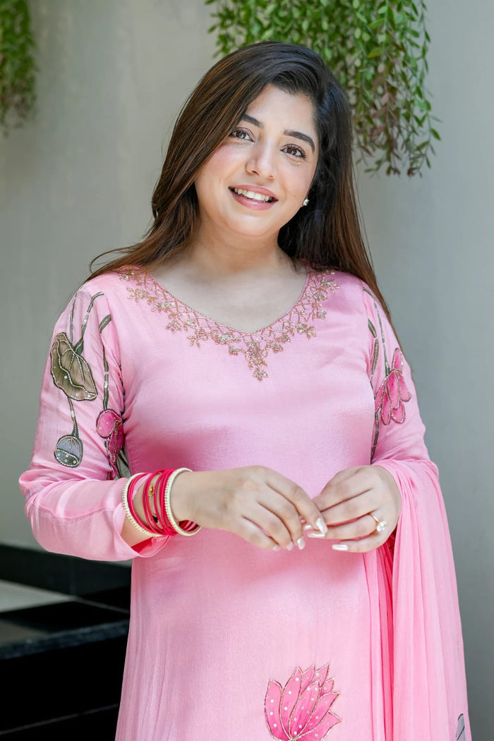 Pink Chinon Straight Kurta Set for Women