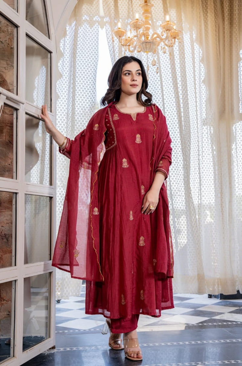 Red Pure Mul Chanderi 3 Piece Suit Set with Dupatta