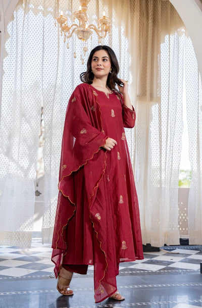 Red Pure Mul Chanderi 3 Piece Suit Set with Dupatta