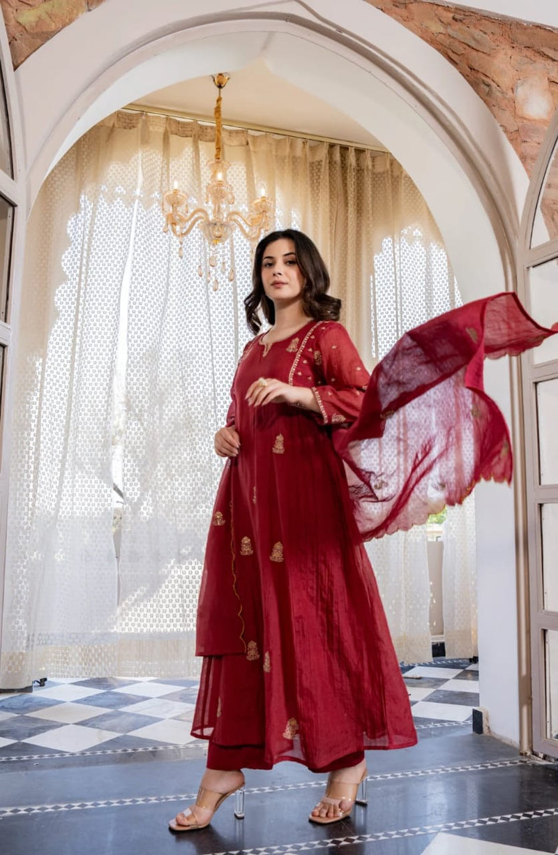 Red Pure Mul Chanderi 3 Piece Suit Set with Dupatta