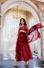 Red Pure Mul Chanderi 3 Piece Suit Set with Dupatta