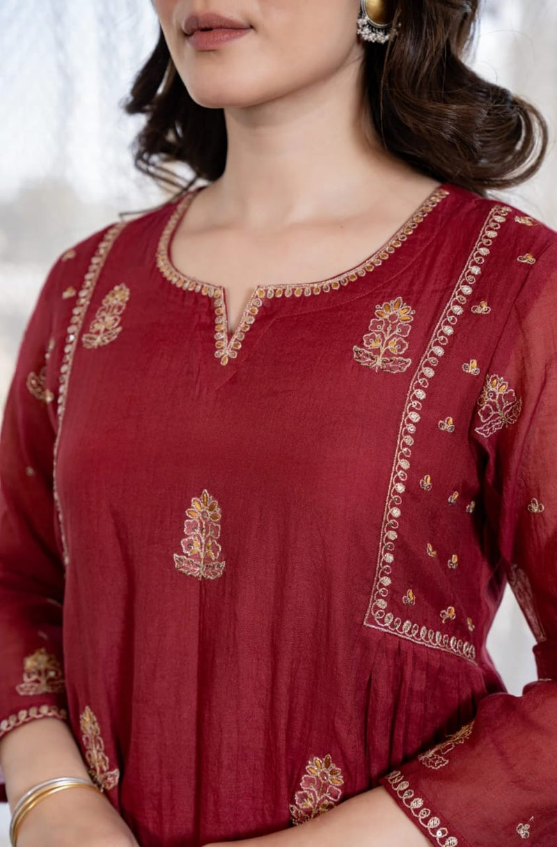 Red Pure Mul Chanderi 3 Piece Suit Set with Dupatta