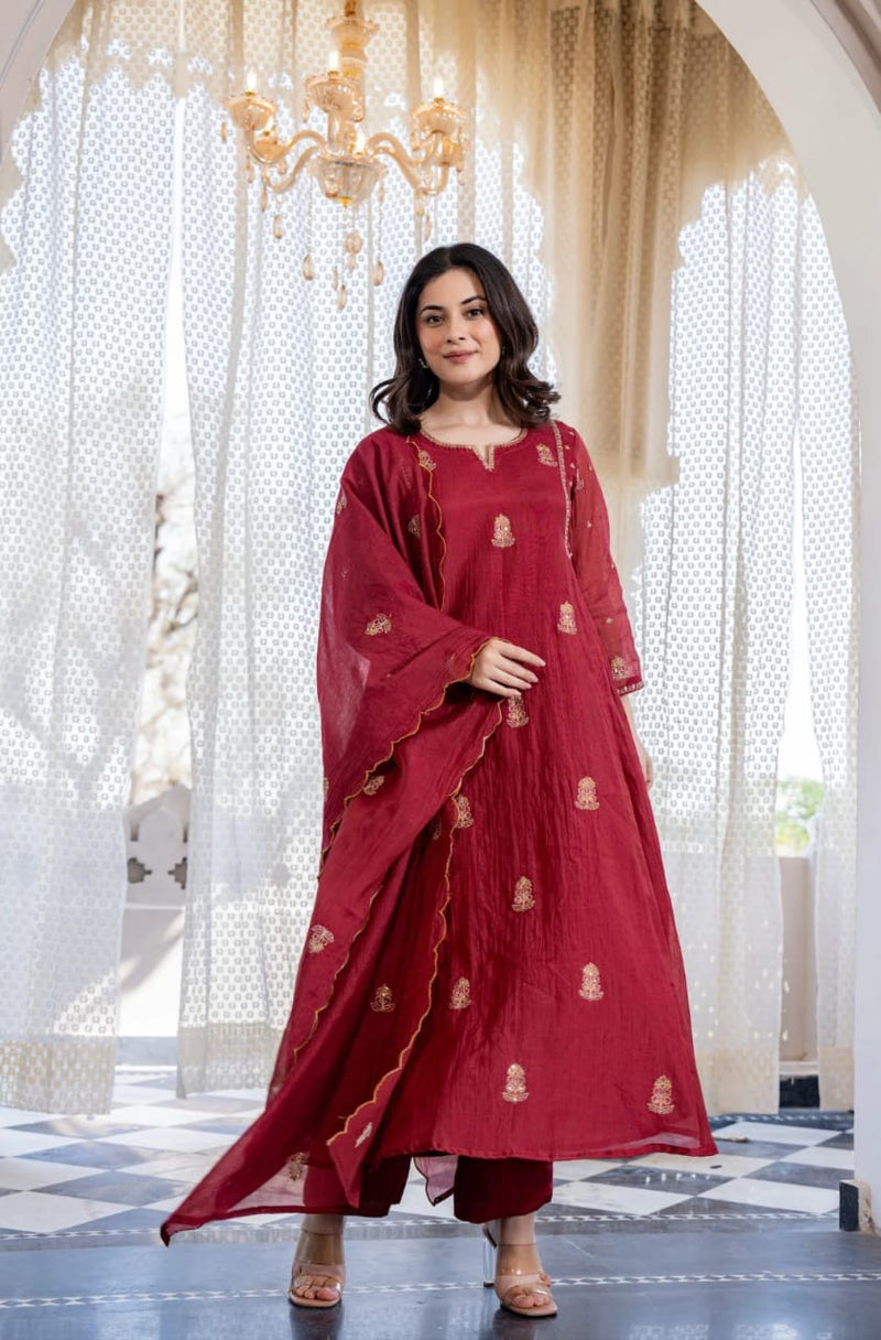 Red Pure Mul Chanderi 3 Piece Suit Set with Dupatta