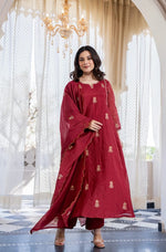 Red Pure Mul Chanderi 3 Piece Suit Set with Dupatta