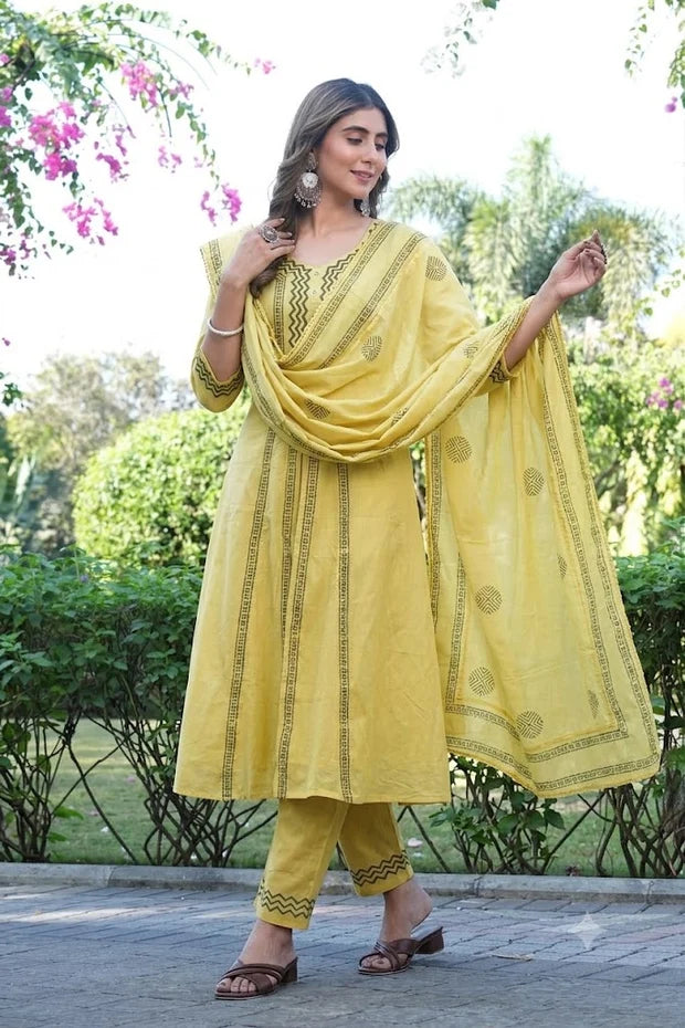 Yellow Bloom Printed Cotton Suit Set