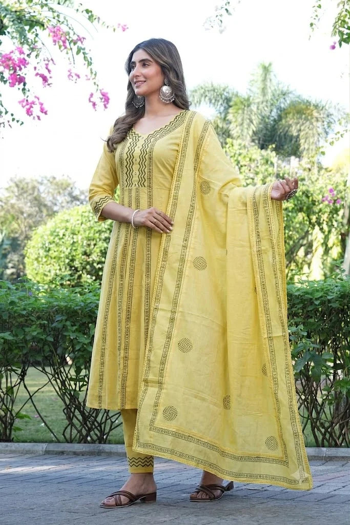 Yellow Bloom Printed Cotton Suit Set
