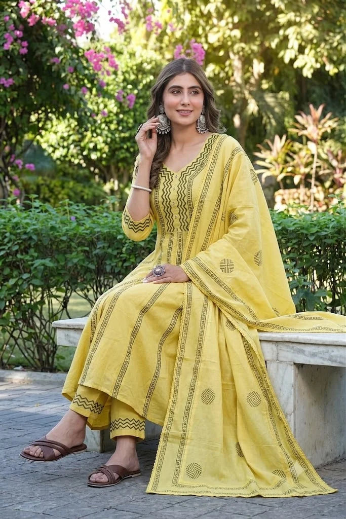 Yellow Bloom Printed Cotton Suit Set
