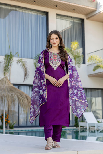 Purple Embroidered Chanderi Cotton Suit Set