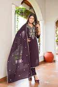 Wine Embroidered Vichitra Silk Kurta Set