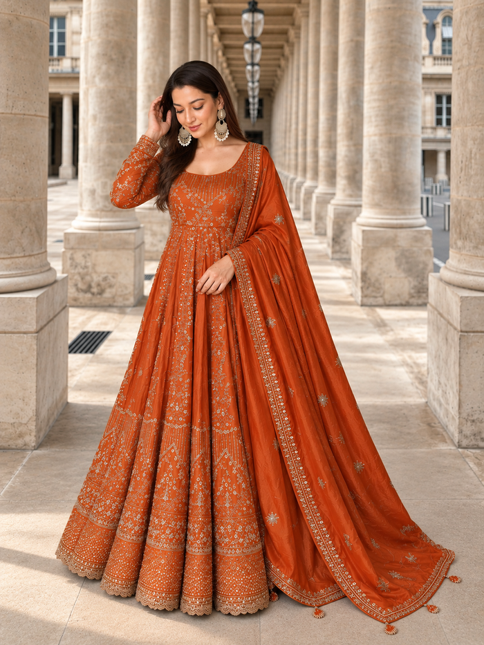 Orange Crunchy Silk Embroidered Anarkali Gown Set