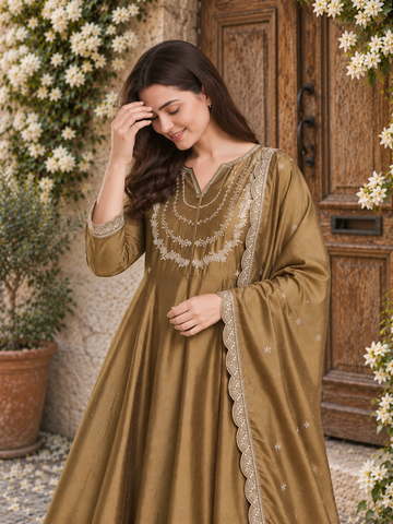 Gold Embroidered Vichitra Silk Anarkali  Suit Set