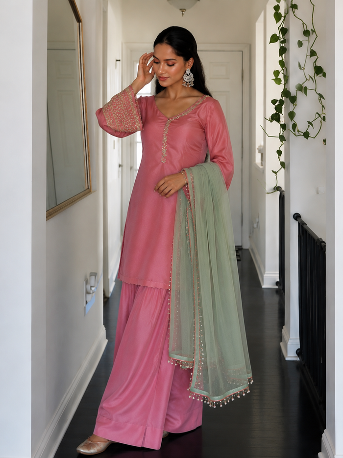 Pink Embroidered Kurta Pant Set