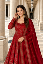 Red Crunchy Silk Embroidered Anarkali Gown Set