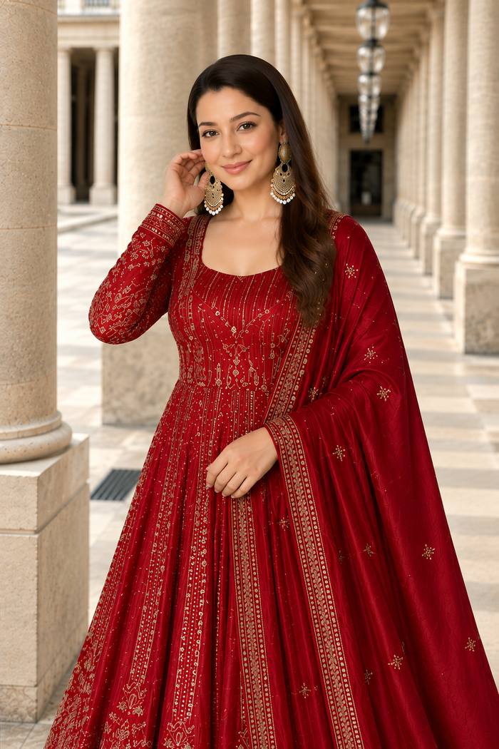 Red Crunchy Silk Embroidered Anarkali Gown Set