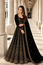 Black Crunchy Silk Embroidered Anarkali Gown Set