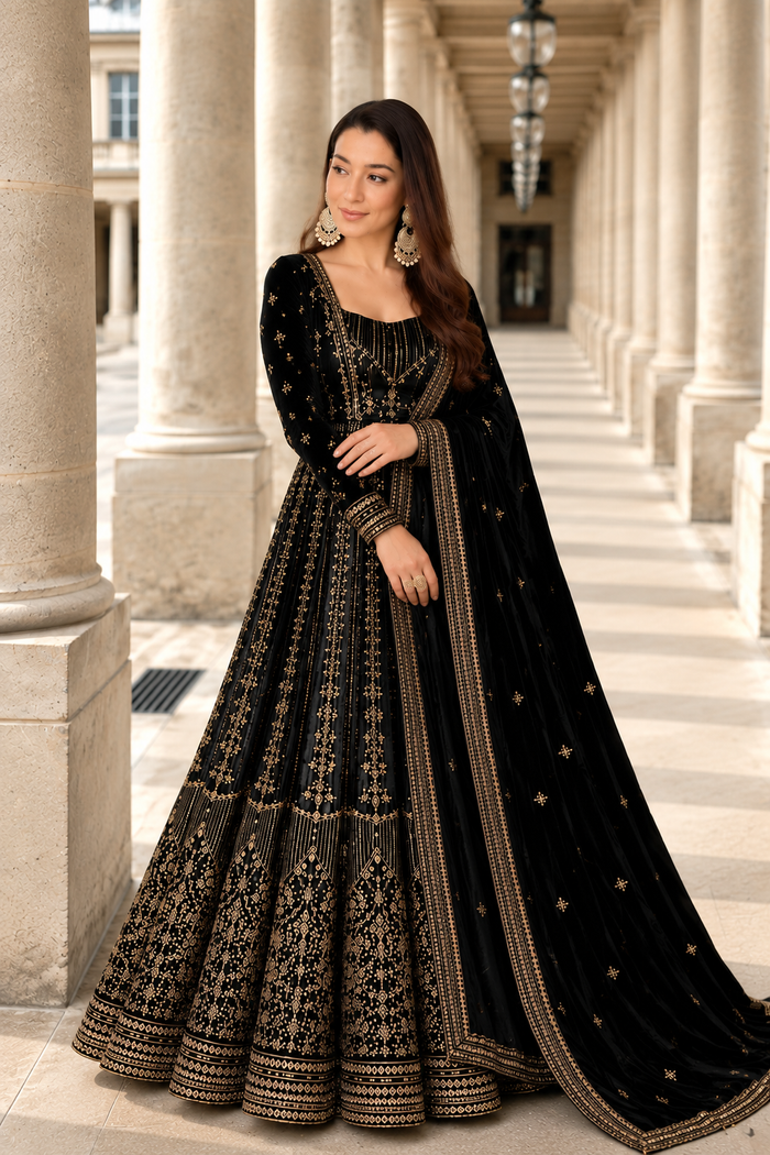 Black Crunchy Silk Embroidered Anarkali Gown Set