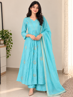Sky Blue Embroidered Anarkali Kurta Pant Set with Dupatta