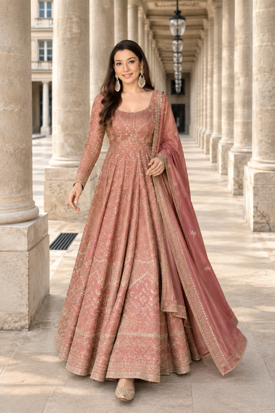 Rose Gold Embroidered Anarkali Gown Set