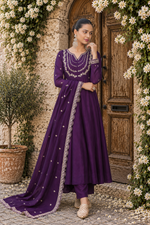 Wine Embroidered Vichitra Silk Anarkali Suit Set