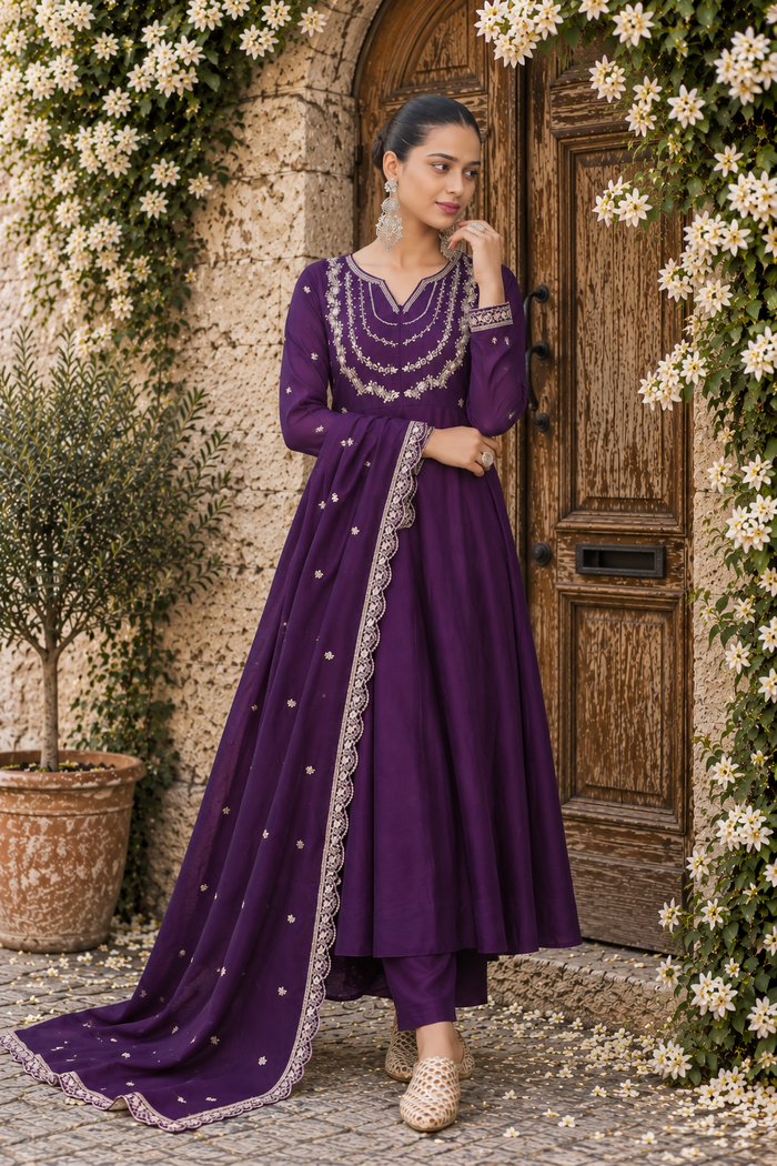 Wine Embroidered Vichitra Silk Anarkali Suit Set