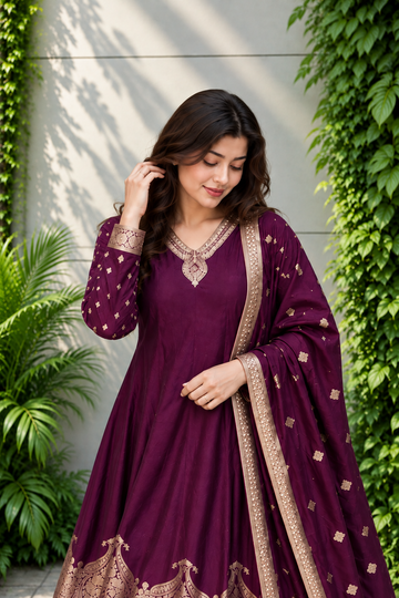 Premium Banarasi Anarkali Suit Set – Handwork & Zari Flare