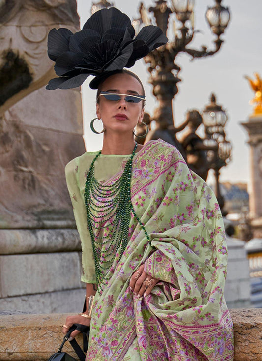 Adorable Pista Green Colored Printed Pure Soft Silk Saree - Ibis Fab
