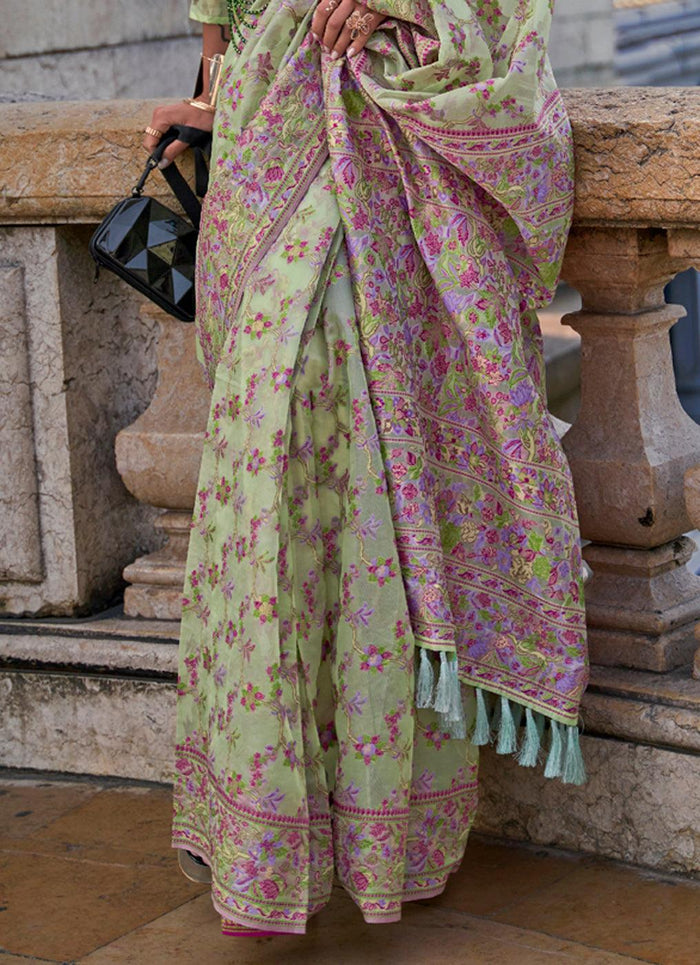 Adorable Pista Green Colored Printed Pure Soft Silk Saree
