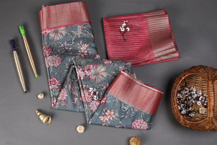Adorning Gray Colored Cotton Linen Designer Printed Saree