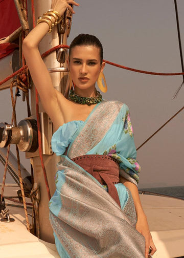 Adorning Sky Blue Colored Printed Pure Soft Silk Saree