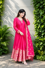 Rani Pink Banarasi Anarkali Suit – Handwork & Zari Flare