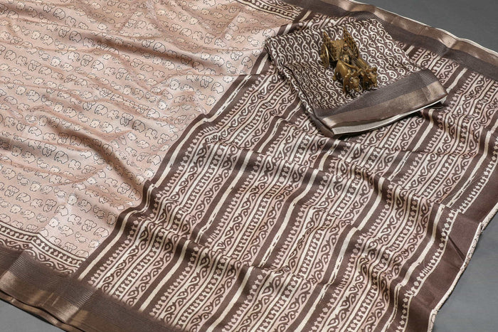 Alluring Beige Colored Cotton Linen Designer Printed Saree