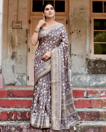 Alluring Brown Colored Jacquard Silk Saree
