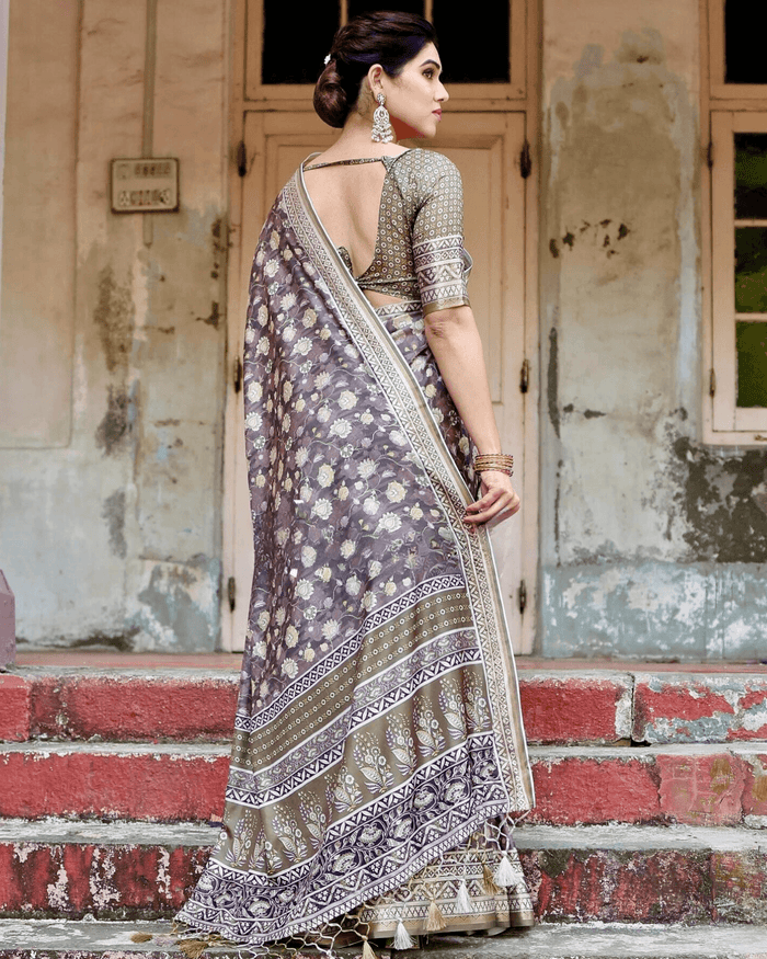 Alluring Brown Colored Jacquard Silk Saree