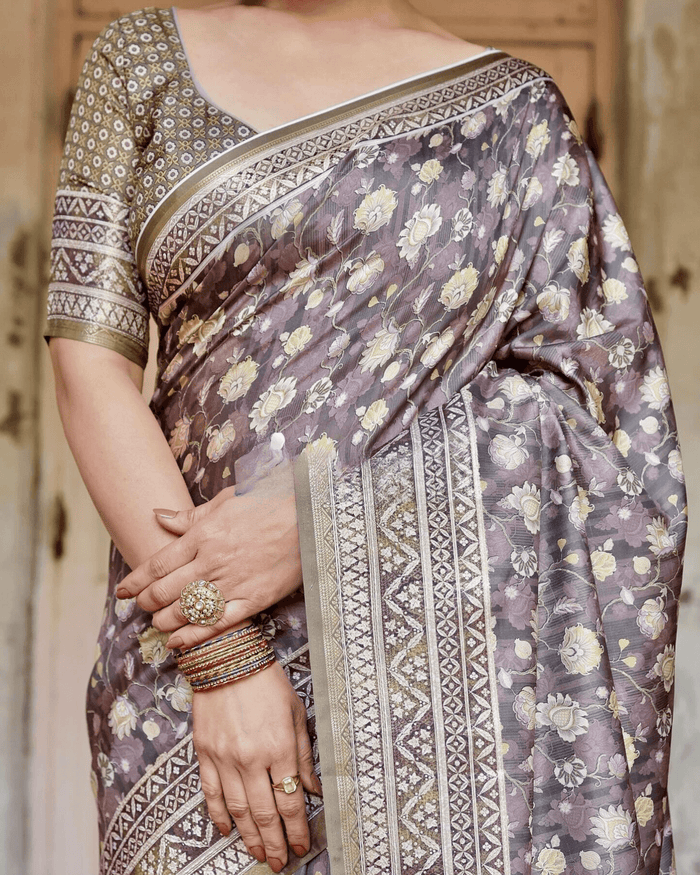 Alluring Brown Colored Jacquard Silk Saree