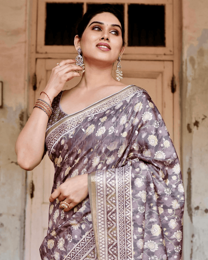 Alluring Brown Colored Jacquard Silk Saree