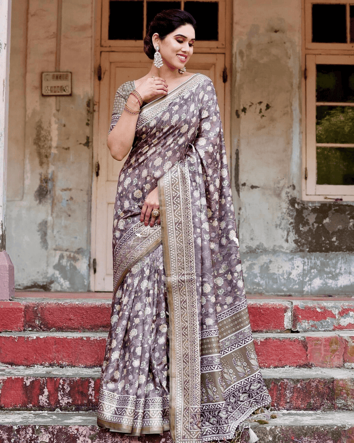 Alluring Brown Colored Jacquard Silk Saree