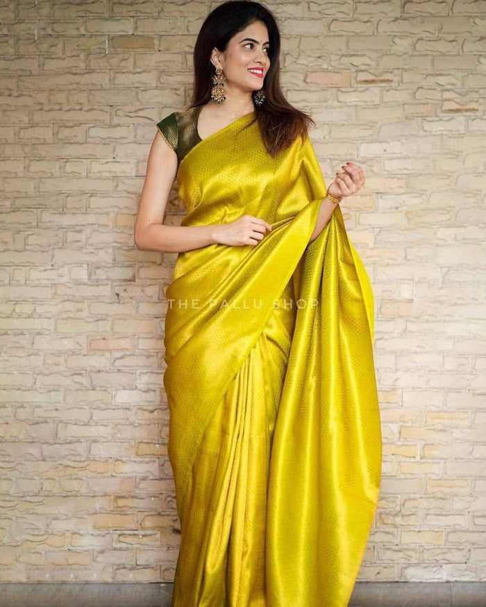 Attractive Yellow Soft Silk Saree With Pretty Blouse Piece