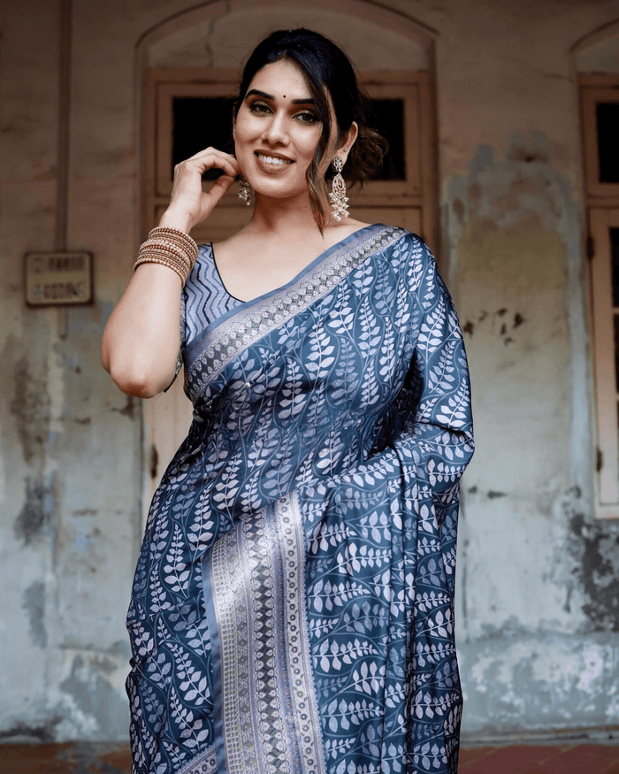 Awesome Navy Blue Colored Jacquard Silk Saree