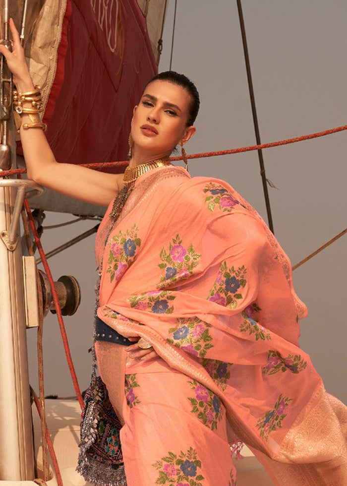 Awesome Peach Colored Printed Pure Soft Silk Saree