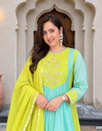 Elegant Mint Green & Lime Yellow Embroidered Anarkali Suit Set