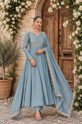 Grey Embroidered Vichitra Silk Anarkali Suit Set