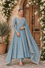 Grey Embroidered Vichitra Silk Anarkali Suit Set