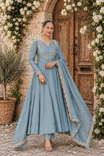 Grey Embroidered Vichitra Silk Anarkali Suit Set