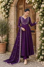 Wine Embroidered Vichitra Silk Anarkali Suit Set