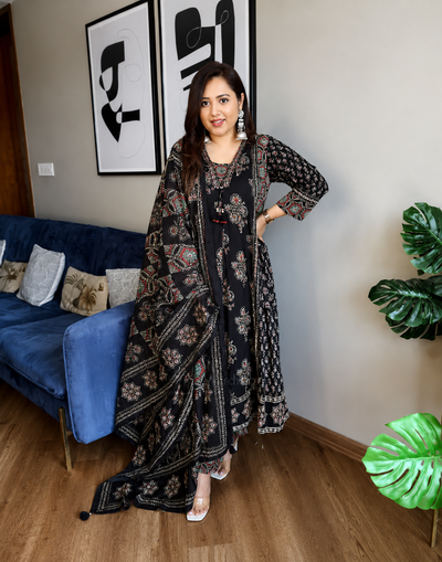 Black Ajarakh Buta Pure Cotton Anarkali Suit Set