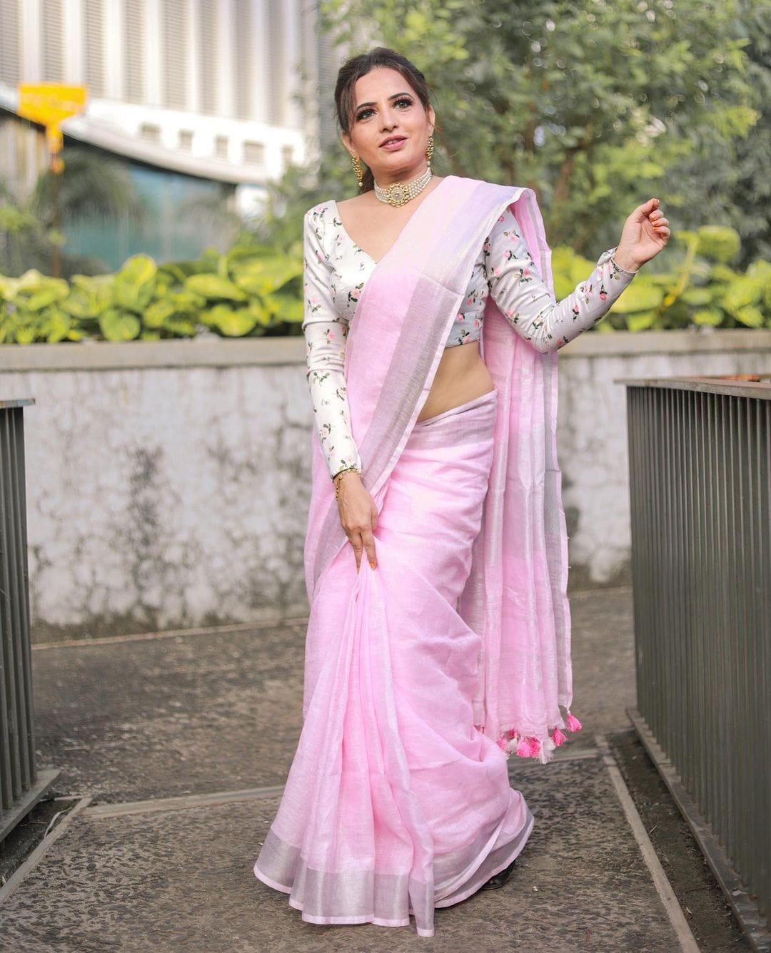 Baby Pink Colour Women s Plain Linen Saree With Casual wear