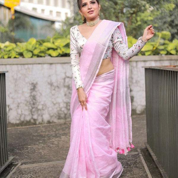 Baby Pink Colour Women's Plain Linen Saree With Casual wear - Ibis Fab