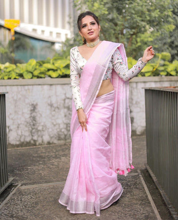 Baby Pink Colour Women's Plain Linen Saree With Casual wear