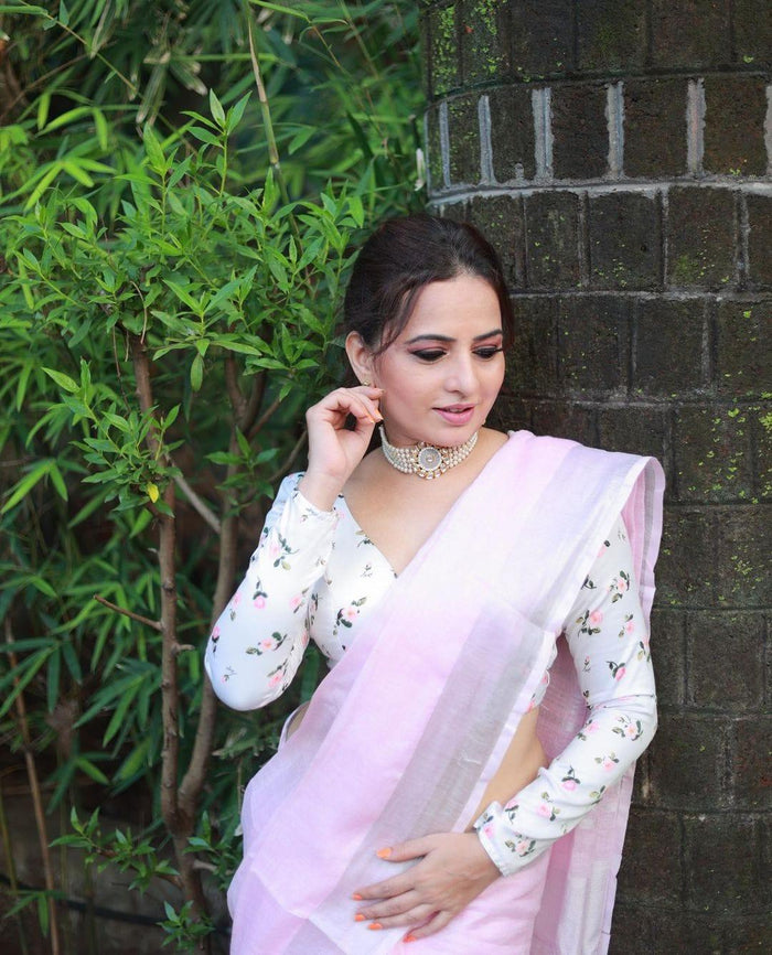 Baby Pink Colour Women's Plain Linen Saree With Casual wear