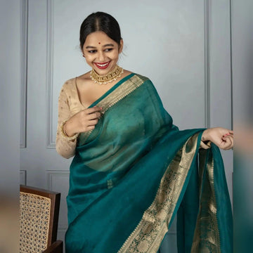 Banarasi Organza saree in Rama, adorable festive wear - Ibis Fab